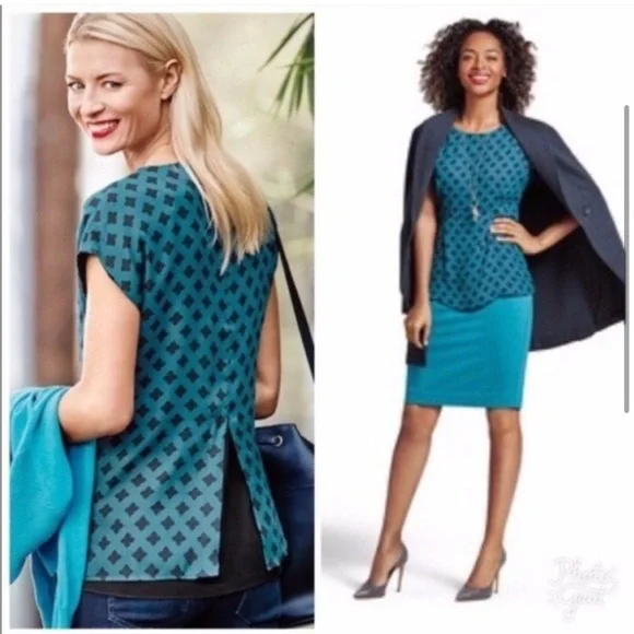 Cabi Blue Split Back Foulard Short Sleeve Blouse Geometric Shirt Top 3274 Sz M - Picture 4 of 9
